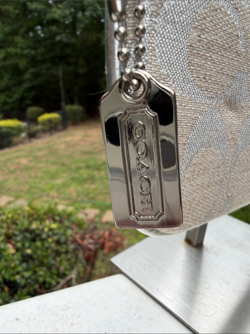 Coach Cream and Metallic Silver Signature  Logo Large Canvas Wristlet 7765 - Picture 4 of 16